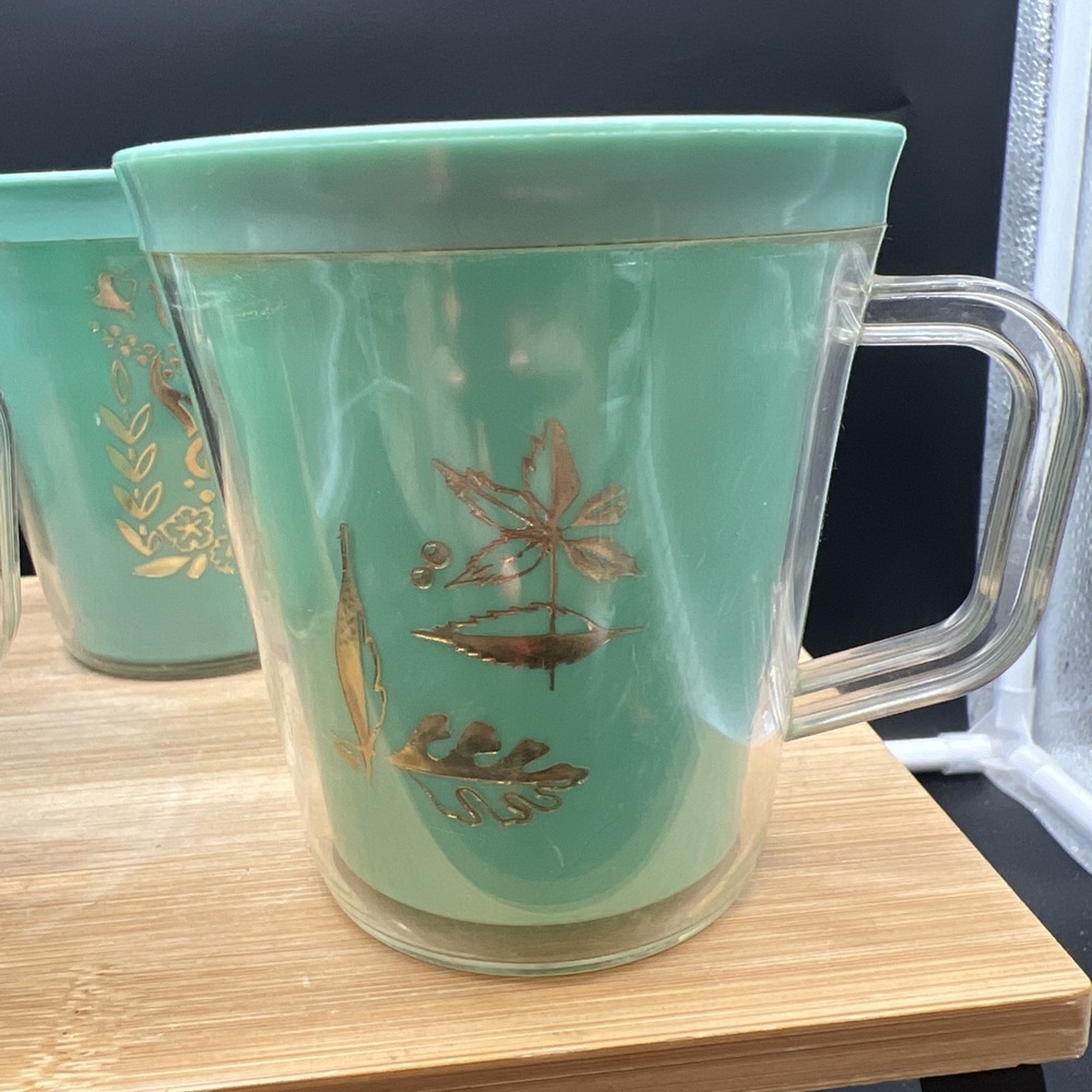 Set Of 4 Vintage Burrite Double Walled Insulated Teal Mugs gold leaf 10 oz - Picture 1 of 9